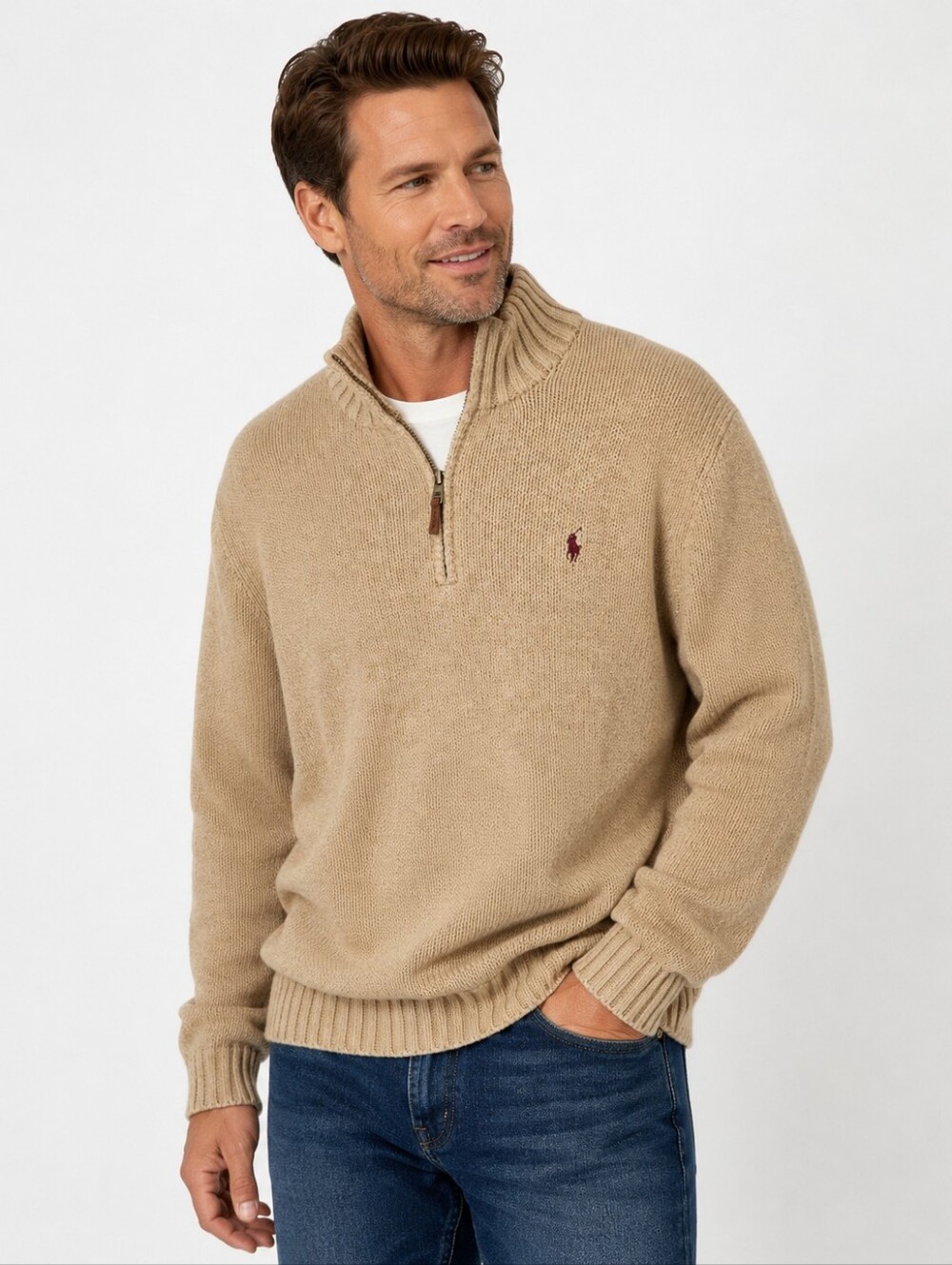 Polo Ralph Lauren Men’s Large Beige Cotton Quarter Zip Sweater Pony Logo
